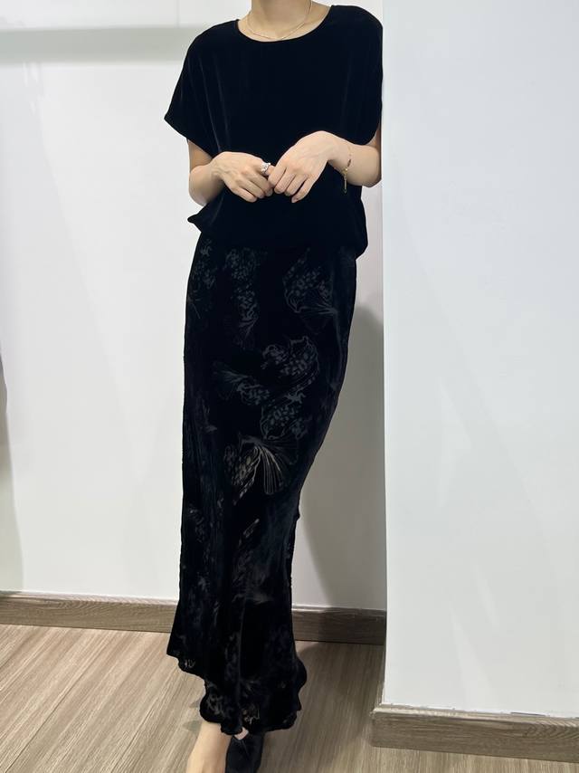 Ginkgo Silk Velvet Bias-Cut Skirt Smlxl