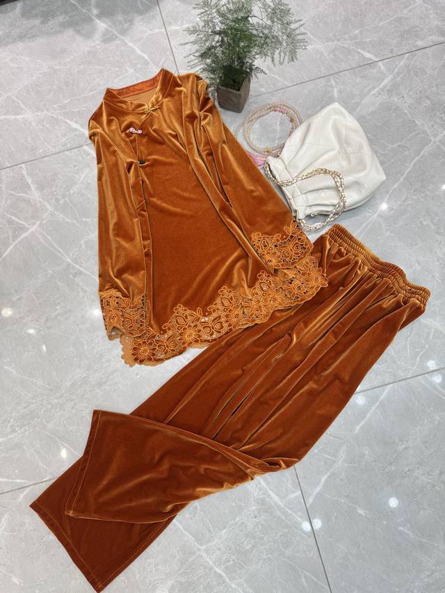 New Chinese style velvet suit embroidery craft color: black orange S