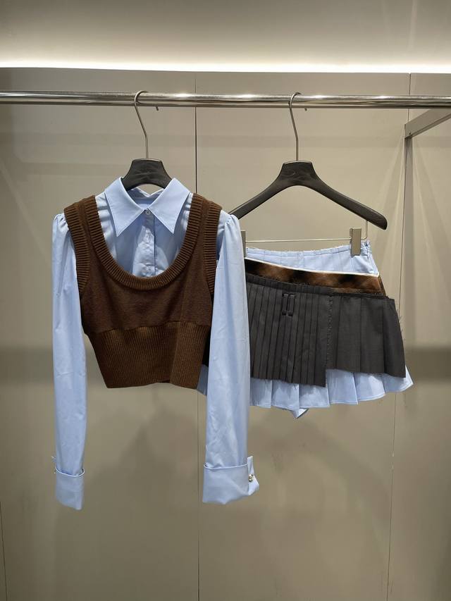 Early autumn new arrivals Fake two-piece contrasting knitted patchwork shirt an