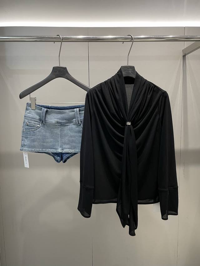 Spring and summer new arrivals Metal buckle long ribbon long-sleeved top