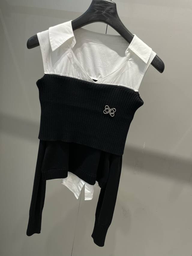 Early Autumn New Arrival Fake Two-Piece Splicing Off-Shoulder Knit Long-Sleeved