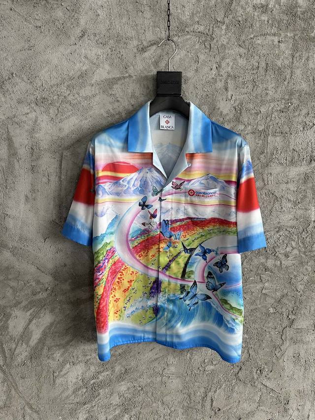 Casablanca 2025Ss butterfly pattern silk short-sleeved shirt. Custom-made silk f