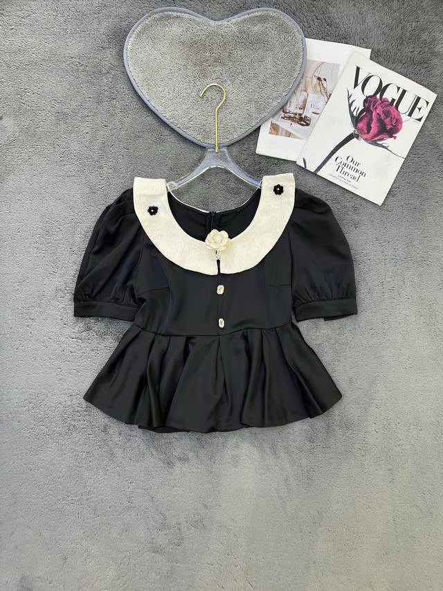 Design sense contrast color stitching retro pleated puff sleeve round neck shir