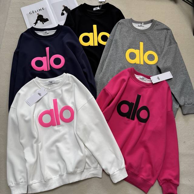 Alo bubble letter sweatshirt loose sports casual pullover sweatshirt black, blue