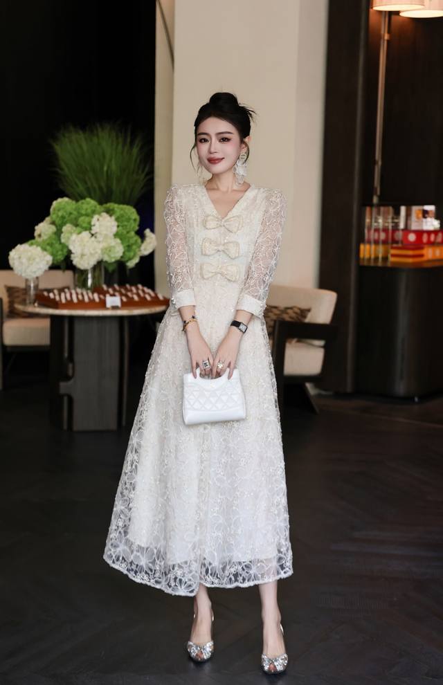 French Haute Couture Cosmos Embroidered Beaded Dress Apricot Green S~Xxl