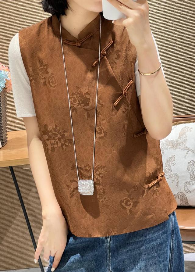 New arrival! Rayon jacquard shantung silk oblique collar buttoned vest, with li