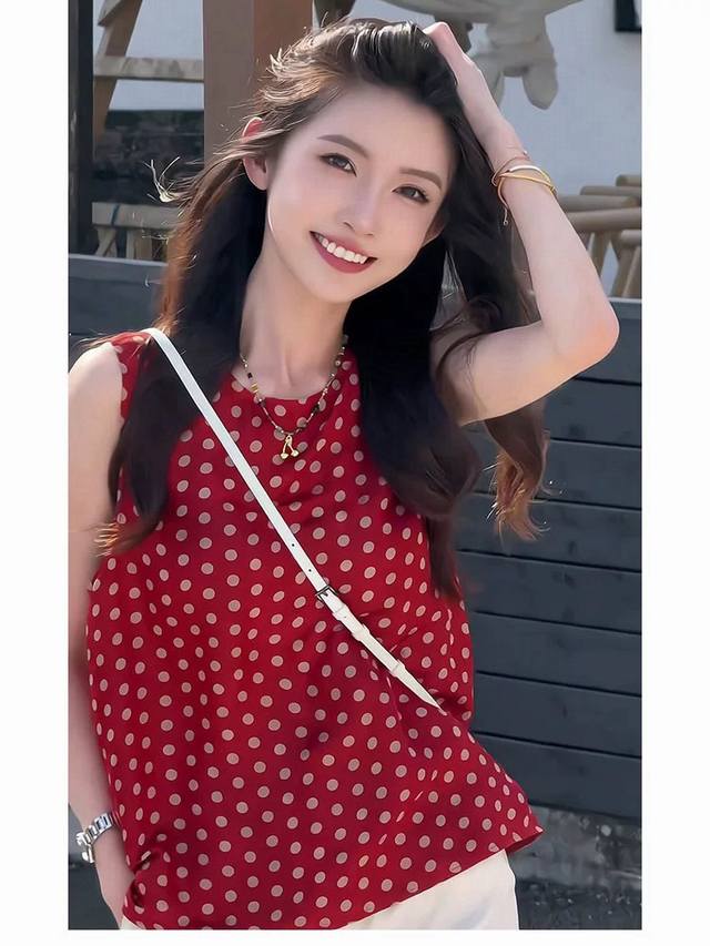 French retro red polka dot sleeveless shirt female autumn summer design niche l
