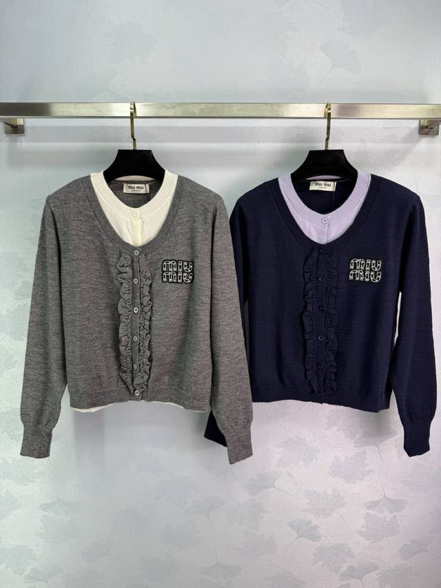 Miumi*2025 Early Fall New Fake Two-Piece Shirt Knit Long-Sleeved Cardigan! Custo