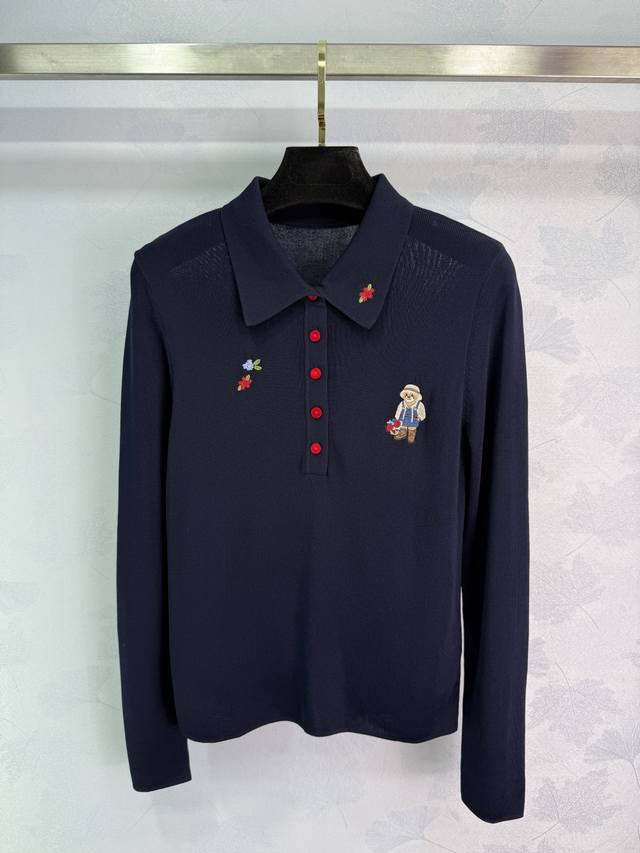 Er*25 New early fall polo sweater with cute bear embroidery and floral pattern o