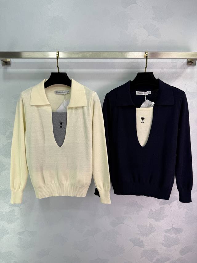 Dio*25 Early Fall new faux two-piece sweater with classic lapel design and bee e