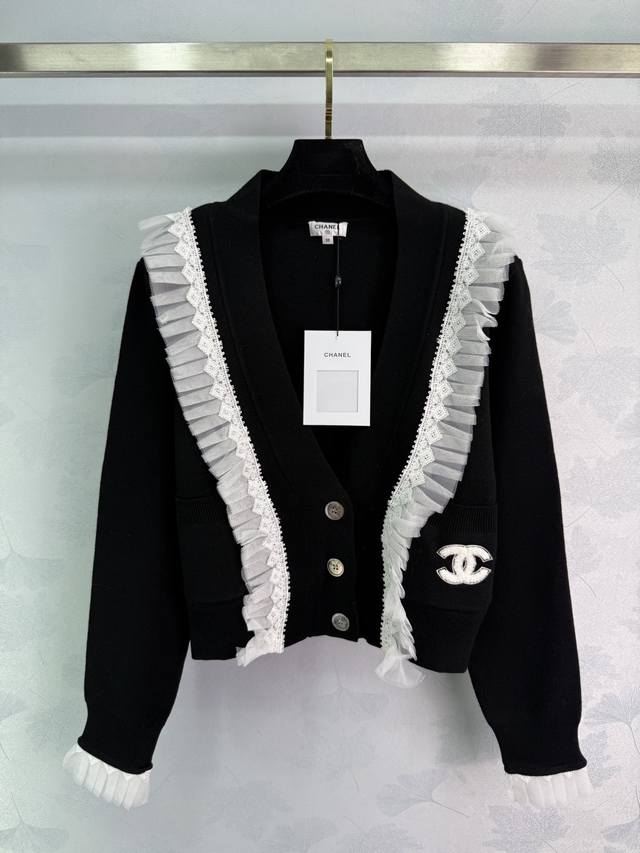 Ch*25 New Early Fall lace knit cardigan in classic black and white. Double C log