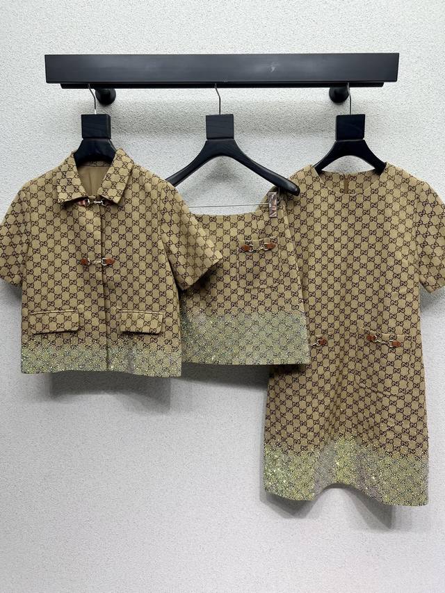 G series of heavily rhinestoned khaki jacquard dresses, a premium handcrafted se