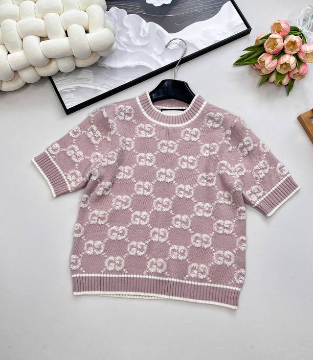 Gucci classic monogram jacquard knitted wool round neck knitted short sleeves, c