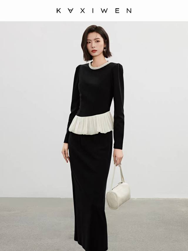 Hot recommendation, fashionable pearl round neck, slim waist, hip-hugging, spli