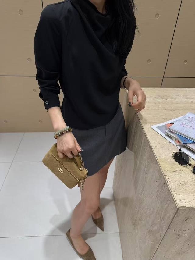 Early autumn new three-color sway collar design single-breasted tie waist shirt