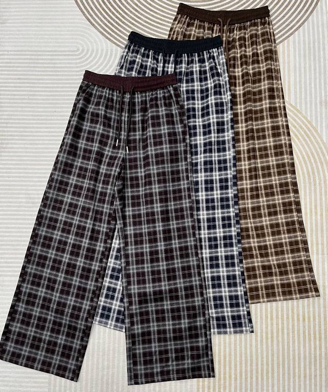 25 Autumn and Winter New Drawstring waist stitching plaid casual straight pants