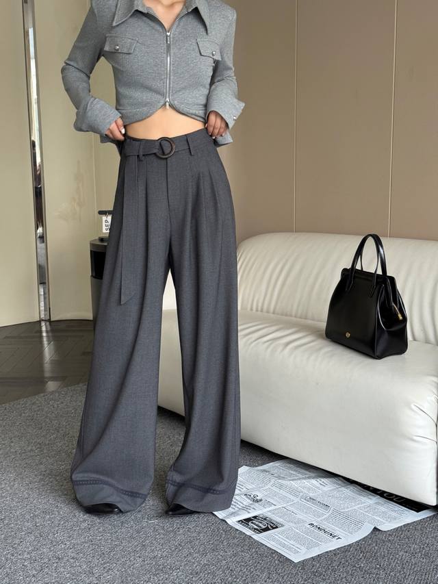 25 new autumn style high waist slimming ring belt loose wide leg pants three col