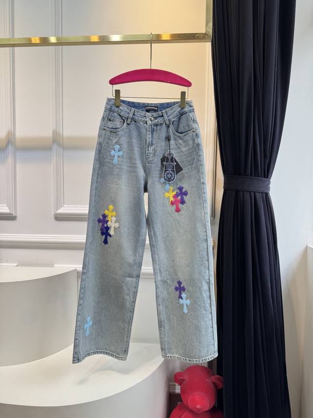 ch Chrome Hearts colorful cross leather label straight jeans, custom fabric, not