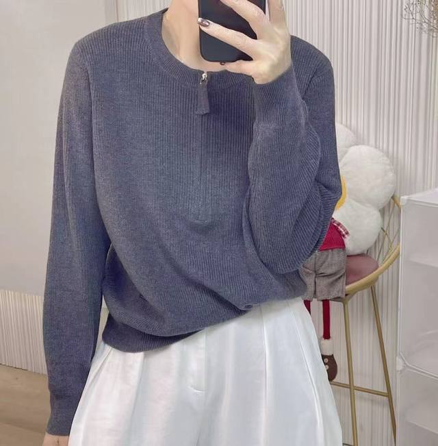 2025 new round neck half zipper long sleeve sweater loose slim 33 wool bottom, c