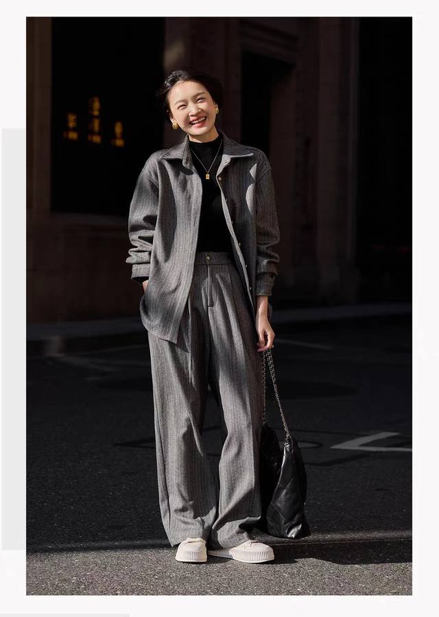 Wool suit high-end striped shirt wide-leg pants loose casual two-piece suit, Sml