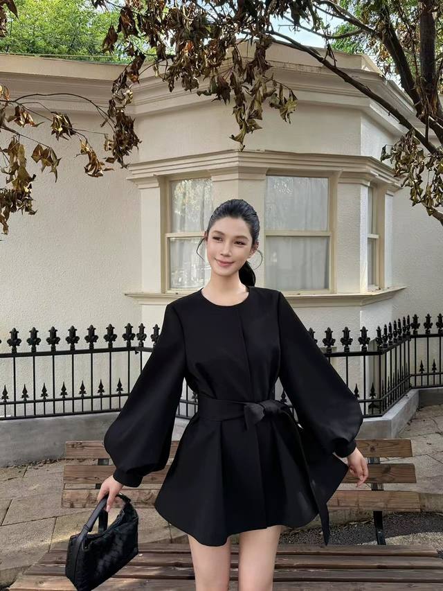 Temperament advanced tie waist mid-length windbreaker jacket, calm atmosphere b