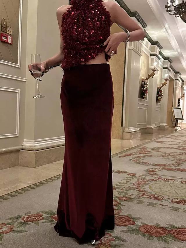 Velvetblack high waist slim mulberry silk velvet hip long skirt imported acetate