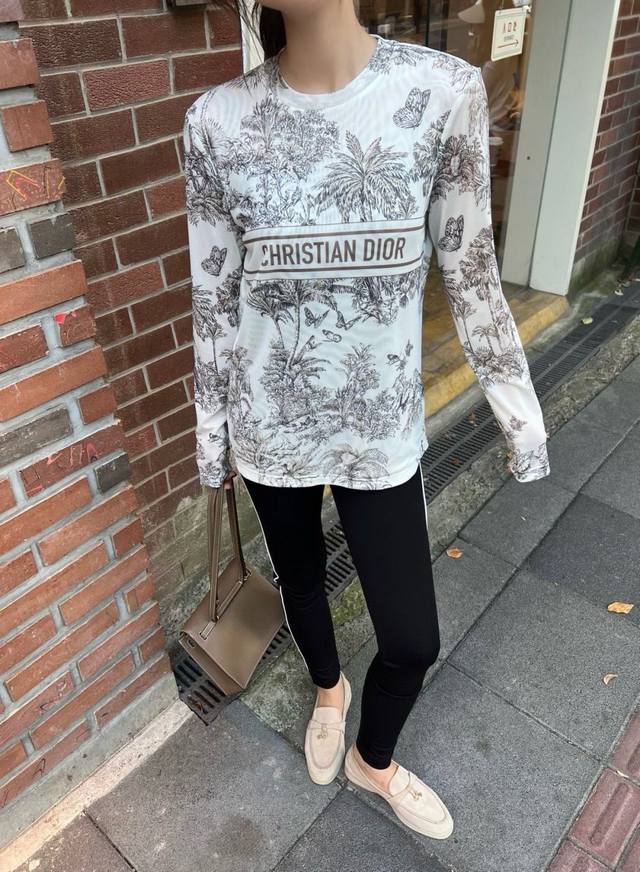 Cd Jungle print mesh long-sleeved T-shirt New round neck base shirt pattern prin