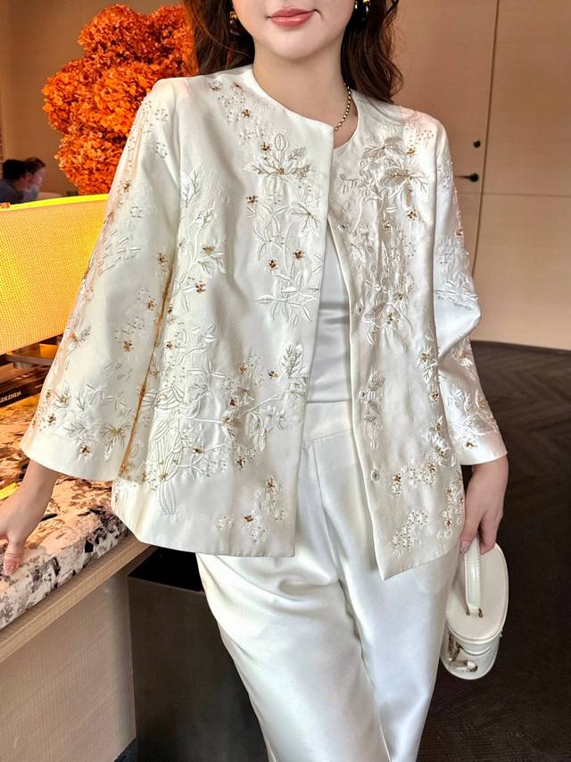 Custom fabric ~ Heavy embroidery and hand-beaded jacket! Available in baked cof