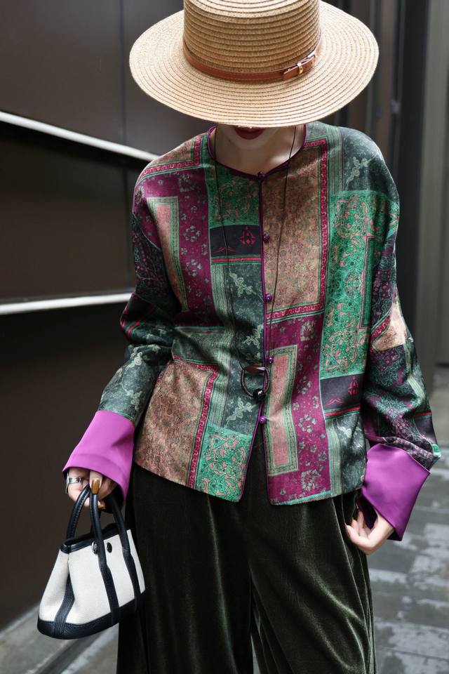 Hot new arrivalRetro colorblock printed silk Xiangyunsha new Chinese style open