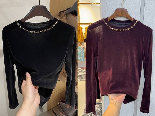 Heavy beaded round neck long-sleeved T-shirt velvet blouse 2025 autumn classic