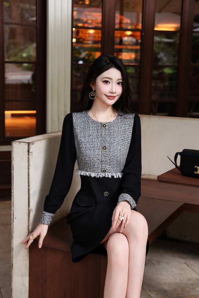 Small Chanel style splicing tassel long-sleeved dress, sweet and age-reducing, h