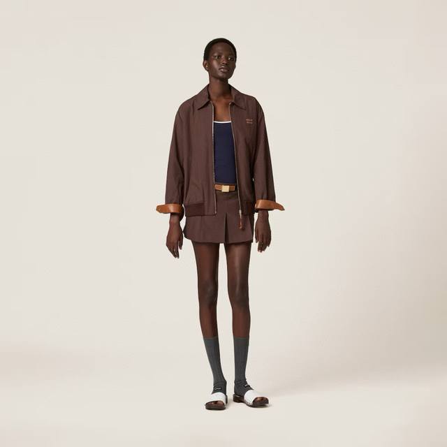 Miu cocoa brown lapel jacket + skirtCustom-woven and dyed cotton blend material,