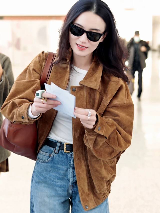 Song Jia's same Maillard brown suede jacket, American retro loose motorcycle bas