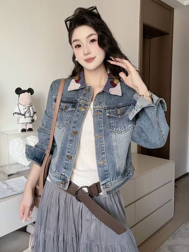 High-end retro and elegant temperament versatile denim jacket Classic denim blu