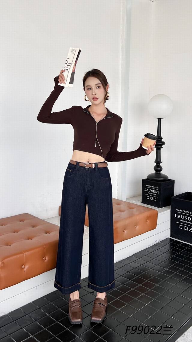 Autumn style hem embroidery nine-point straight pants royal blue apricot dark re