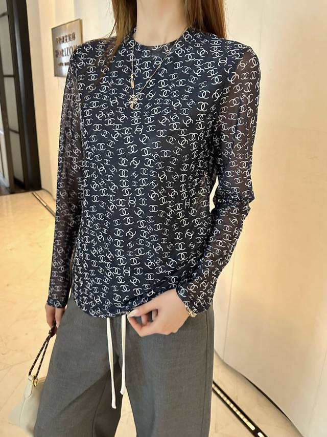 Chane* 2025Fw new mesh base shirt with see-through print, luxurious and soft, st