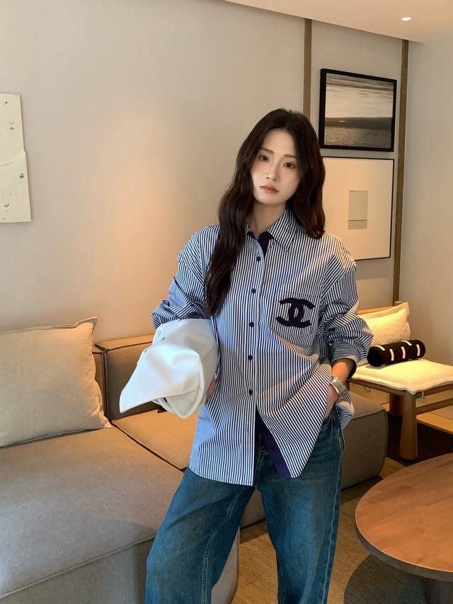 25 Early autumn navy blue double C patch pocket striped shirt, a must-have sunsc