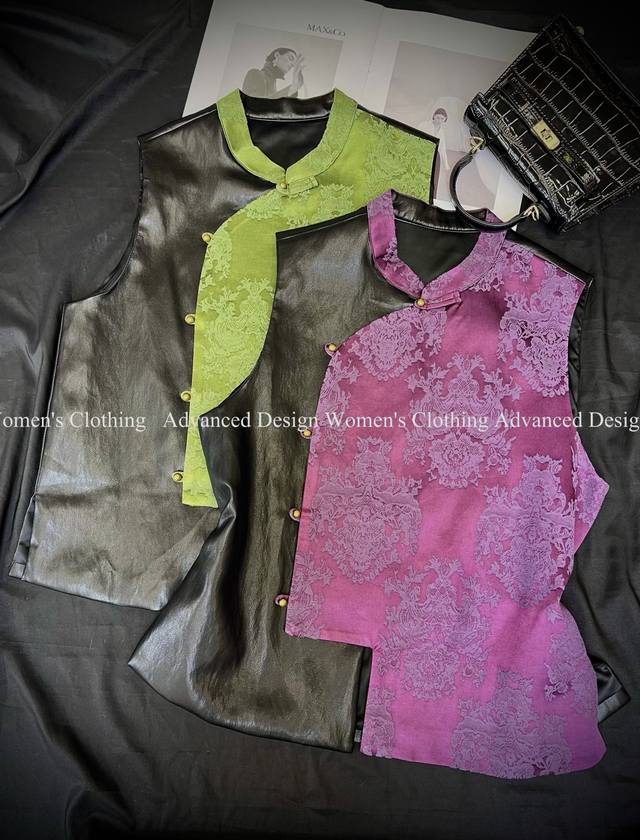 New Chinese retro Zen-style silk jacquard patchwork leather vest. A new Chinese