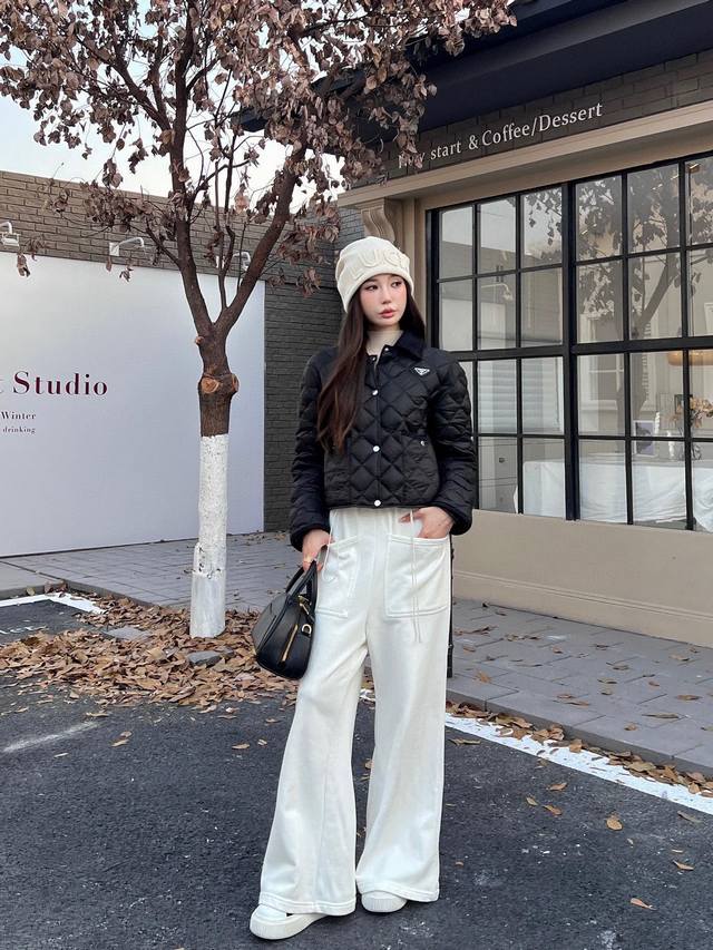 prad*2025 New Arrivals Corduroy Collar Plaid Short Quilted Jacket Custom Yb Oute