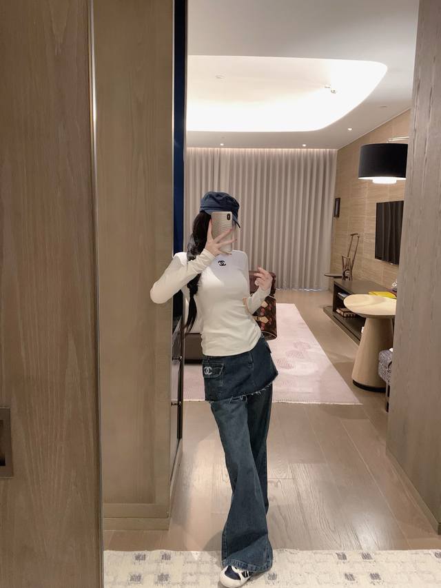 Chane* Xiaoxiang custom-made accessories fake two-piece denim trousers S Ml