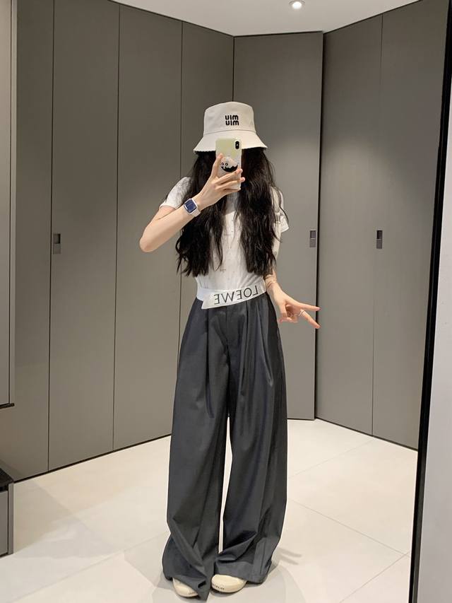 25Ssloew*Splicing letter waist wide-leg pants trousers ~ Exclusive design, splic