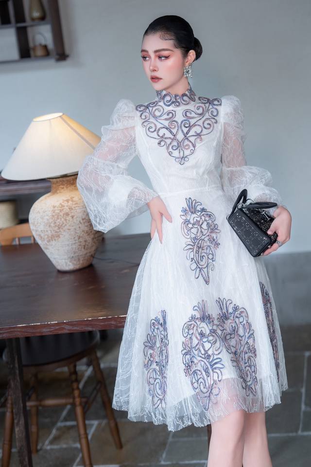 Heavy embroidery mesh flower dress S-Xxl S size bust 84cm, waist 68cm, length 99