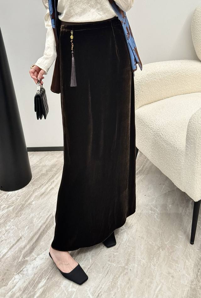 New Chinese style pendant all-match silk velvet skirt black blue dark brown Mlx