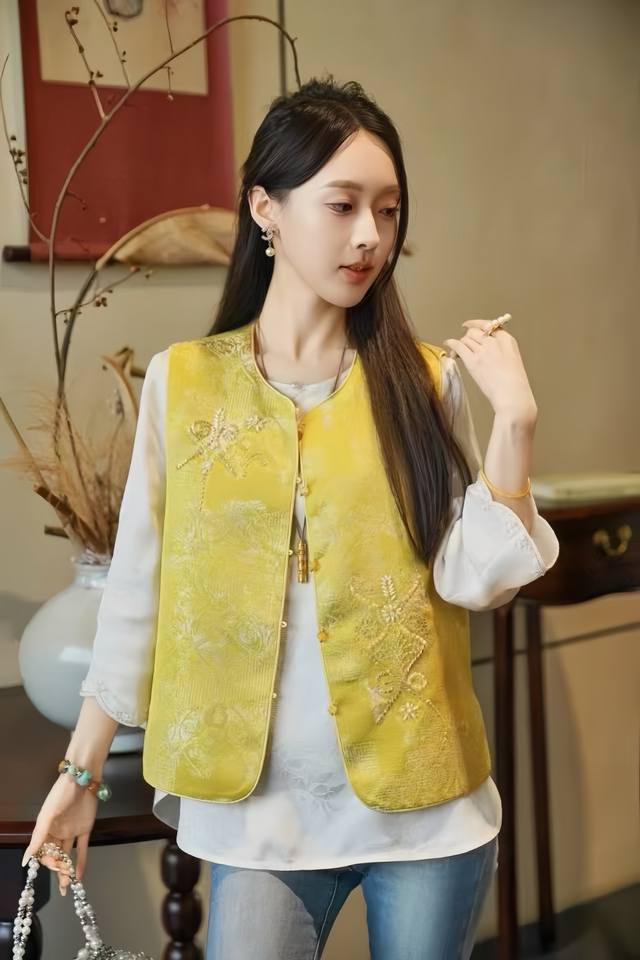 Exquisite Chinese jacquard beaded vest with a collarless design. Simple and ele