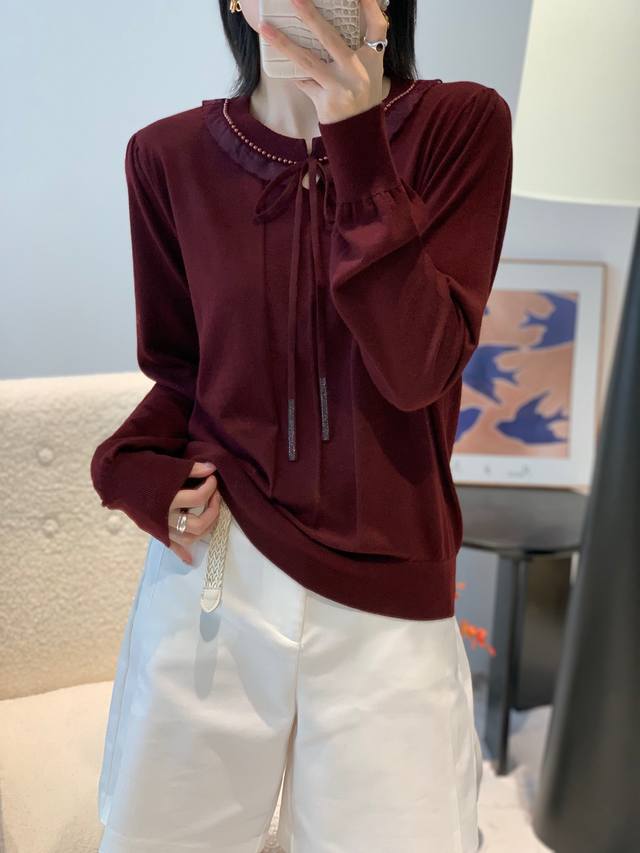 Autumn new ultra-fine wool round neck bow long-sleeved top