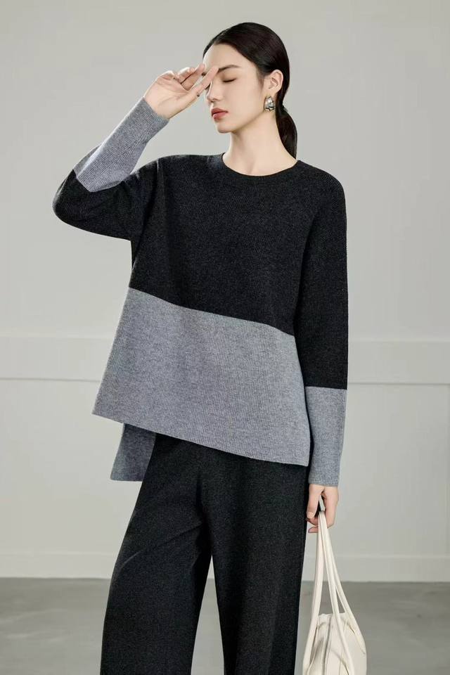 Autumn new style full wool color block round neck long sleeve one size