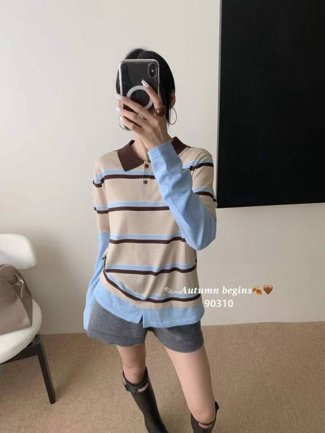 Autumn new 30 wool polo collar color matching long sleeve top one size