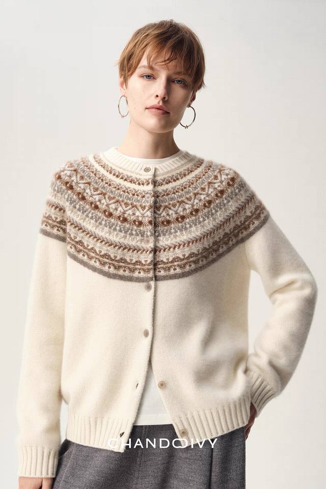 New all-wool Fair Isle round neck cardigan long sleeve