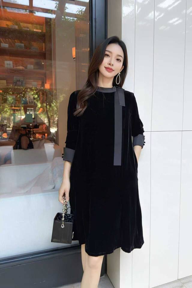 New autumn style bow ribbon silk velvet dress, sizes S-Xxl