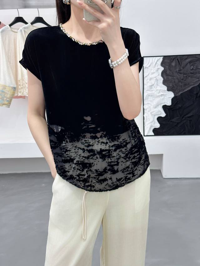 New silk velvet positioning burnt flower round neck handmade beaded short-sleev
